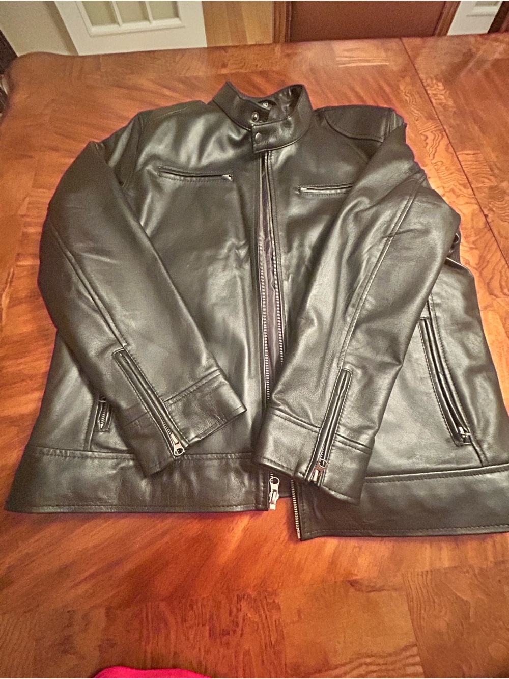 Men's Black Leather Bomber Jacket with Zip Accents NWOT
